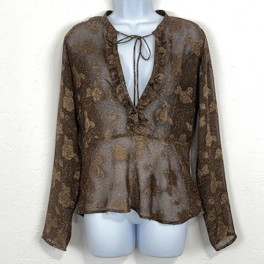 Women Y2K Forest Fairy Grunge Top Size Small Brown Ruffle Sheer Floral Whimsical